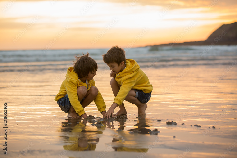 Poster Two beautiful children, boy brothers, playing on the beach with sand and running in the water on sunset