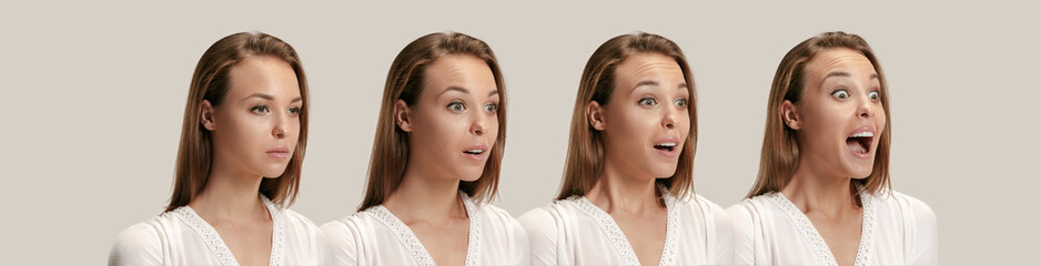 Wow. Collage about development of emotion. Stages of surprise. Female portrait isolated on gray. Young emotional surprised woman standing with open mouth. Human emotions, facial expression concept.