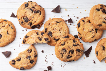 American cookies with chocolate chips on white wooden background. Top view.