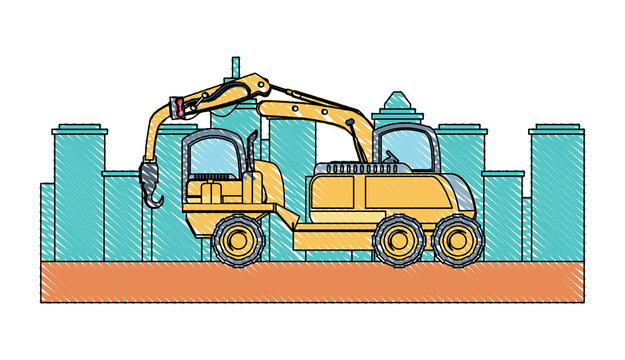 crane truck icon over city buildings and white background, vector illustration