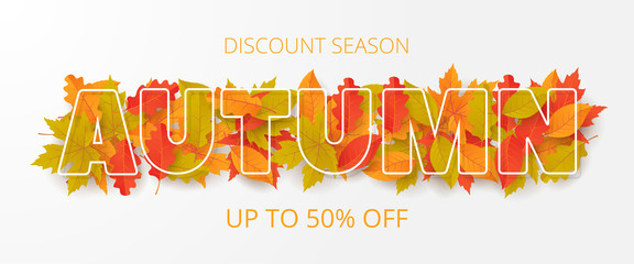 Autumn sale background with leaves. Can be used for shopping sale, promo poster, banner, flyer, invitation, website or greeting card. Vector illustration