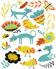 Obraz premium Cute set with cat and chiken. Floral summer collection with farm animals and insects. Vector illustration