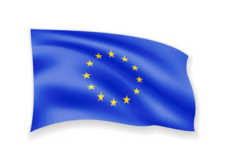 Waving European Union Flag on white. Flag in the Wind.