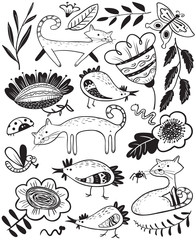 Cute set with cat and chiken. Floral summer collection with farm animals and insects. Vector illustration