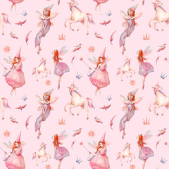 Watercolor fairytale seamless pattern. Hand painted pixie and unicorn repeating ornate on pastel pink background. Cartoon fairy girls with wings art