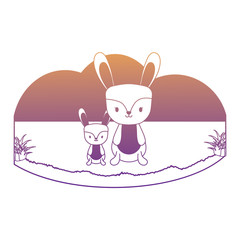 cute rabbits in the grass over white background, vector illustration