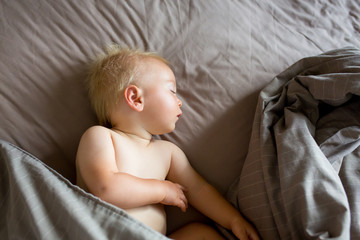 Portrait of a crawling baby on the bed in her room, Adorable baby boy in white sunny bedroom,...