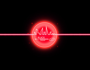 Black Friday in the City the Perfect Sale. White Ribbon Banner in Flat Style on a Black Background with an Abstract City Skyline with Loading Bar. Vector Illustration