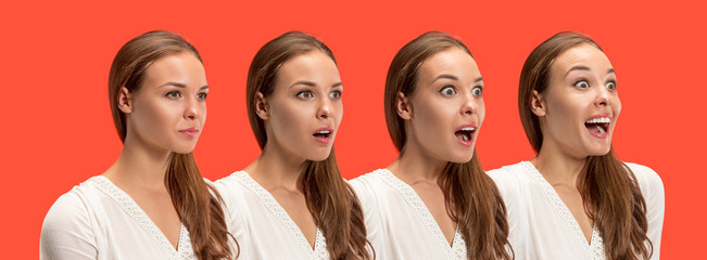 Wow. Collage about development of emotion. Stages of surprise. Female portrait isolated on red....