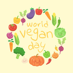 World Vegan Day Vegetables Set Greeting Card. Cute Face Cartoon Character Vector Illustration. Garlic, Eggplant, Paprika, Carrot, Corn, Beetroot, Cabbage, Tomato, Pumpkin, Onion, Chili, Broccoli.