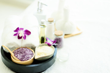 Herbal ball spa.Spa massage treatment products for good health on the white table.Close up spa body theme.spa ball