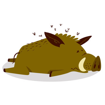 Cute boars or warthog character. Vector illustration with dead or very tired pig.