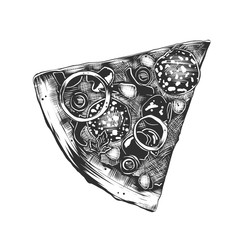 Vector engraved style illustration for posters, decoration and print. Hand drawn sketch of italian pizza in monochrome isolated on white background. Detailed vintage woodcut style drawing.