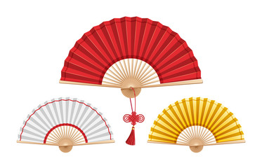 Set of three Chinese fans isolated on white background. Large red fan with a wishes knot in the center. Small white and gold on the sides. - obrazy, fototapety, plakaty