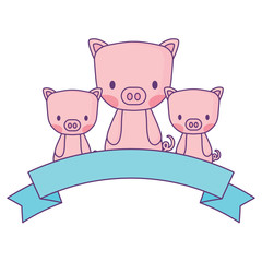 decorative ribbon and cute pigs over white background, vector illustration
