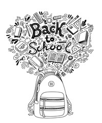 Back to school thin line doodle illustration template isolated on white background. Sketchy concepts with stationery for graphic design, web banners, printed materials. Writing materials.