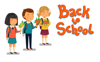 Schoolboy and schoolgirls with Back to school text template. Happy Boys and girls with backpacks and flowers. Elementary school students. Flat cartoon illustration. Back to school card. illustration.
