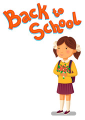 Schoolgirl and Back to school text template. Happy girl with backpack and flowers. Elementary school student. Flat cartoon illustration. First school year. Back to school card. illustration.