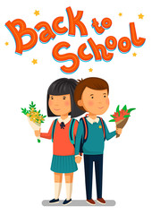 Schoolboy and schoolgirl with Back to school text. Happy Boy and girl with flowers. Cute pupils Couple. Elementary school students. Flat cartoon illustration. First school year. Back to school card.