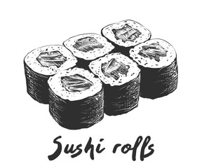 Vector engraved style illustration for posters, decoration and print. Hand drawn sketch of salmon sushi in monochrome isolated on white background. Detailed vintage woodcut style drawing. © AkimD
