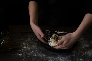 Woman baking pie in her home kitchen. Woman make self made pie with a brush. Fresh raw dough for bun or pie baking on wooden rustic table. Homemade lemon poppy seed bread with glaze.
