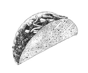 Vector engraved style illustration for posters, decoration and print. Hand drawn sketch of mexican tacos in monochrome isolated on white background. Detailed vintage woodcut style drawing.