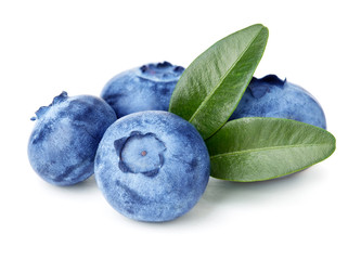 Obraz premium Blueberries with green leaves isolated on white background.