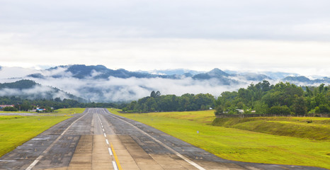 Mae Hong Son, Thailand July 18, 2018 : Airport runway in the morning sunrise time.