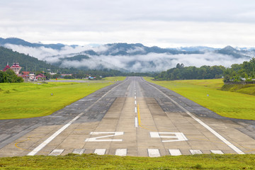 Mae Hong Son, Thailand July 18, 2018 : Airport runway in the morning sunrise time.