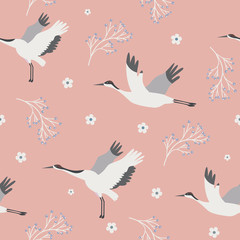 Beach tropical seamless pattern with cranes
