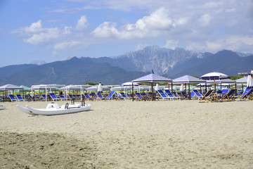Fototapeta na wymiar View on the Alpi Apuane from the beach of Versilia (Mediterranean Sea), Viareggio, Tuscany, Italy