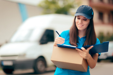 Delivery Worker with Cardboard Box Package and Paper Documents