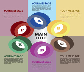 Six colors circles layout with alphabets. Vector illustration.