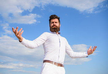 Self proud feeling. Hipster beard and mustache looks attractive white shirt. Guy enjoy top achievement. Superiority and power. Man bearded hipster formal clothes feels proud of himself sky background