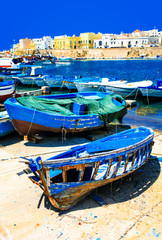 Fototapeta na wymiar Picturesque port of Gallipoli, view with old boats, Puglia , Italy