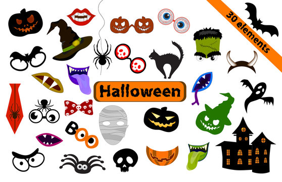 Halloween-set of 30 Design elements for party props. Photo Booth Props. Monster party printable and Masks Decorations