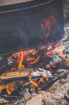 hike a fire, a kettle on a tripod over firewood, preparation of a dinner