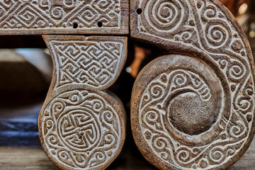 Detail of a wooden carved.  Old and vintage wooden part decorative panel. Handcrafted beautiful wooden carved.  Wooden pattern for decor. Intricate  wood crafted design. Abstract background.