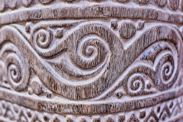 Detail of a wooden carved.  Old and vintage wooden part decorative panel. Handcrafted beautiful wooden carved.  Wooden pattern for decor. Intricate  wood crafted design. Abstract background.