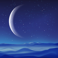 Obraz na płótnie Canvas Vector realistic illustration of misty mountains landscape and crescent on blue sky. Night nature background