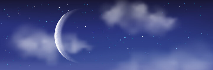 Fototapeta Vector realistic illustration of night cloudscape. Moon, stars, clouds on blue sky. Romantic landscape background obraz