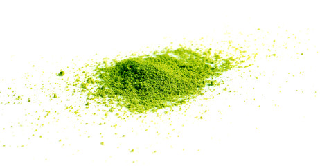Powdered matcha green tea on white background.