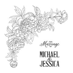 Marriage invitation card. Spring flowers bouquet of peony garland. Wedding card with flowers over white background. Vector illustration.