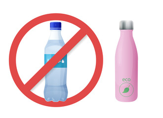 Reusable water bottle instead of plastic bottle. Zero waste tips. Eco and healthy lifestyle. Stop using plastic