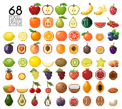 Big collection of pixel fruits, berries and nuts. Old style 8 bit icons. Apple, banana, cherry, lemon, mango, kiwi and other isolated on white background. Healthy food. Fresh and tasty exotic fruits