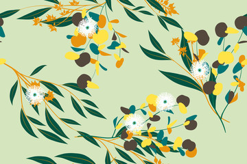 Bright Floral Seamless Pattern. Vector Eucalyptus Leaves and Beautiful Blossom Elements. Colorful Botanical Summer Background. Floral Seamless Pattern for Wedding Design, Print, Textile, Fabric, Paper