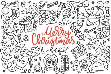 Merry christmas poster with greetings lettering and doodle illustration of new year tree, snowflakes, presents, stockings, decoration balls, gingerbread. Hand drawn black line art, cartoon style.