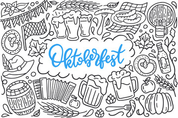 Oktoberfest festival poster with lettering and doodle illustration of traditional bavarian celebration, beverage barrel, beer mug, bottle, pretzel, sausage. Hand drawn black line art, cartoon style.
