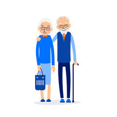 Old couple. Two aged people stand. Elderly man and woman stand together and hug each other. Illustration isolated on white background in flat style