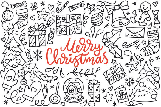 Merry christmas poster with greetings lettering and doodle illustration of new year tree, snowflakes, presents, stockings, decoration balls, gingerbread. Hand drawn black line art, cartoon style.
